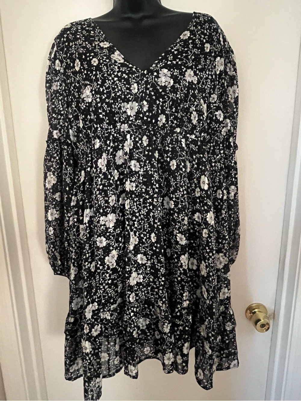 And Now This Black and Cream Floral Women's Dress - V-Neck Long Sleeve
